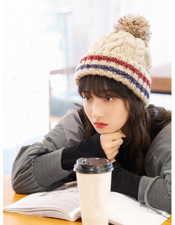 日本 BEAUTYJAPAN 抗寒保暖加厚內絨毛麻花毛球針織毛線帽 BJ0082 米色