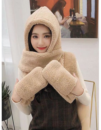 日本 BEAUTYJAPAN 保暖羊絨毛連帽口袋圍巾BJ2107 (2色)