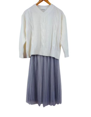 【BJ COLLECTION】日系麻花短版針織上衣百褶網紗裙二件組BJC70008